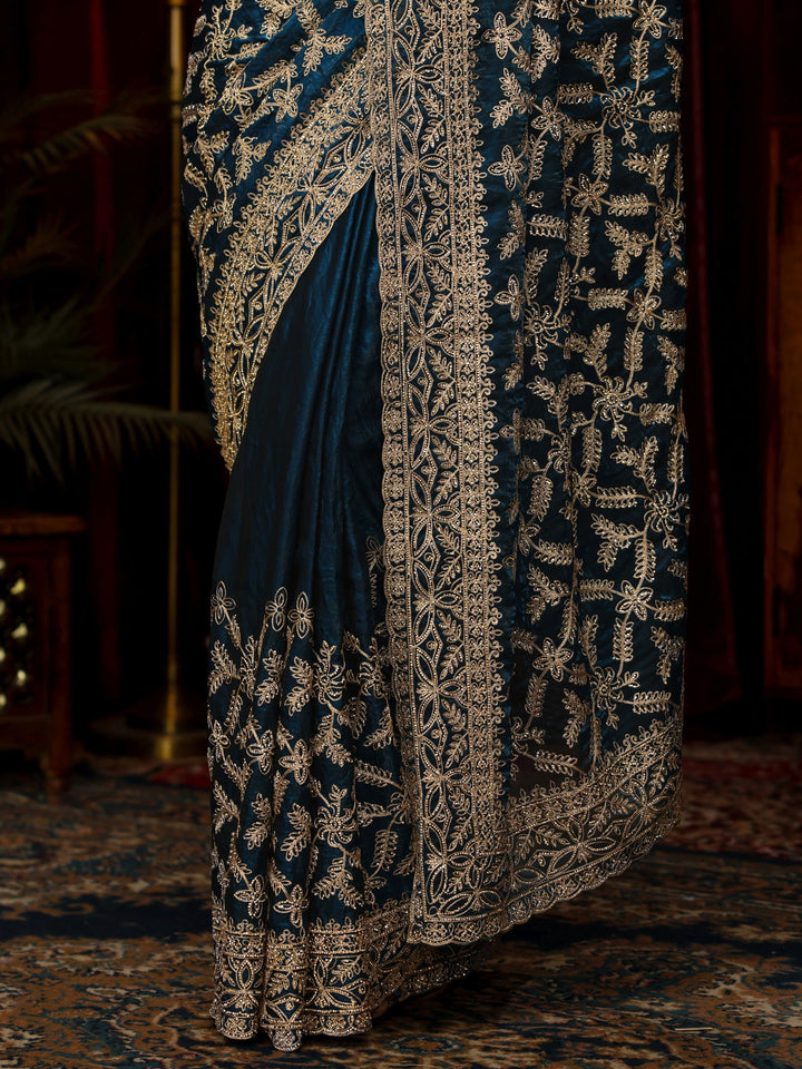 Libas Art Teal Blue Leafy Zari Embroidered Tissue Saree