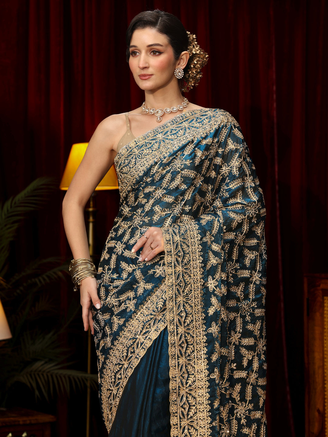 Libas Art Teal Blue Leafy Zari Embroidered Tissue Saree