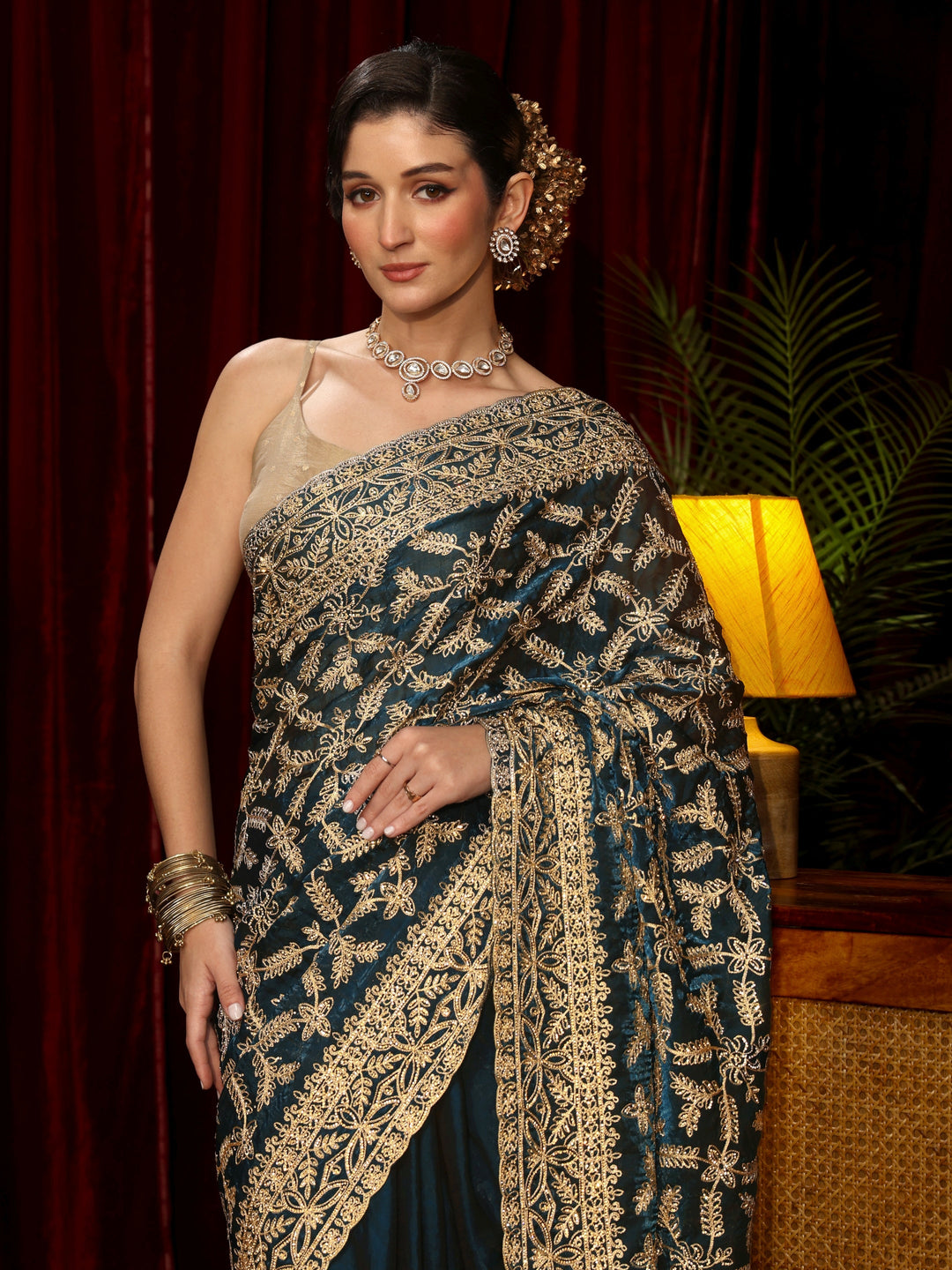 Libas Art Teal Blue Leafy Zari Embroidered Tissue Saree
