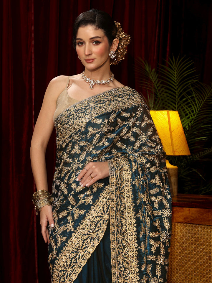 Libas Art Teal Blue Leafy Zari Embroidered Tissue Saree