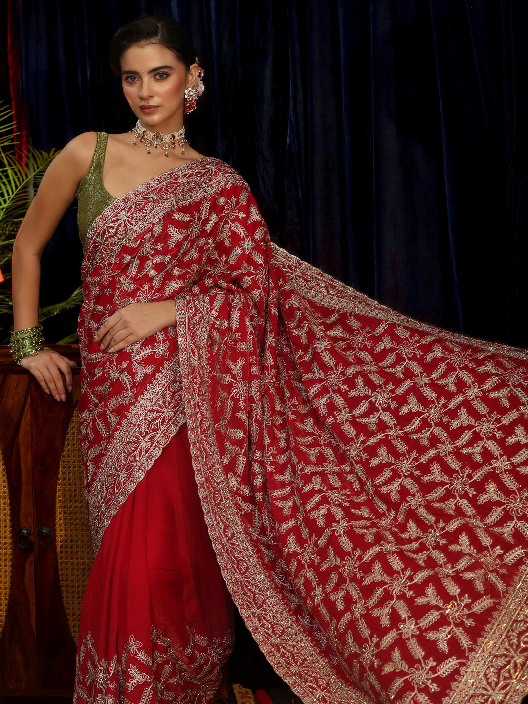 Libas Art Red Leafy Zari Embroidered Tissue Saree