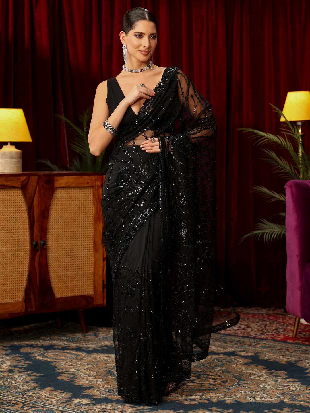Libas Art Black Sequin Embellished Net Saree