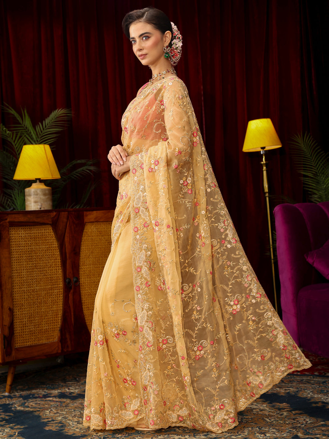 Libas Art Yellow Floral Embroidered Organza Saree