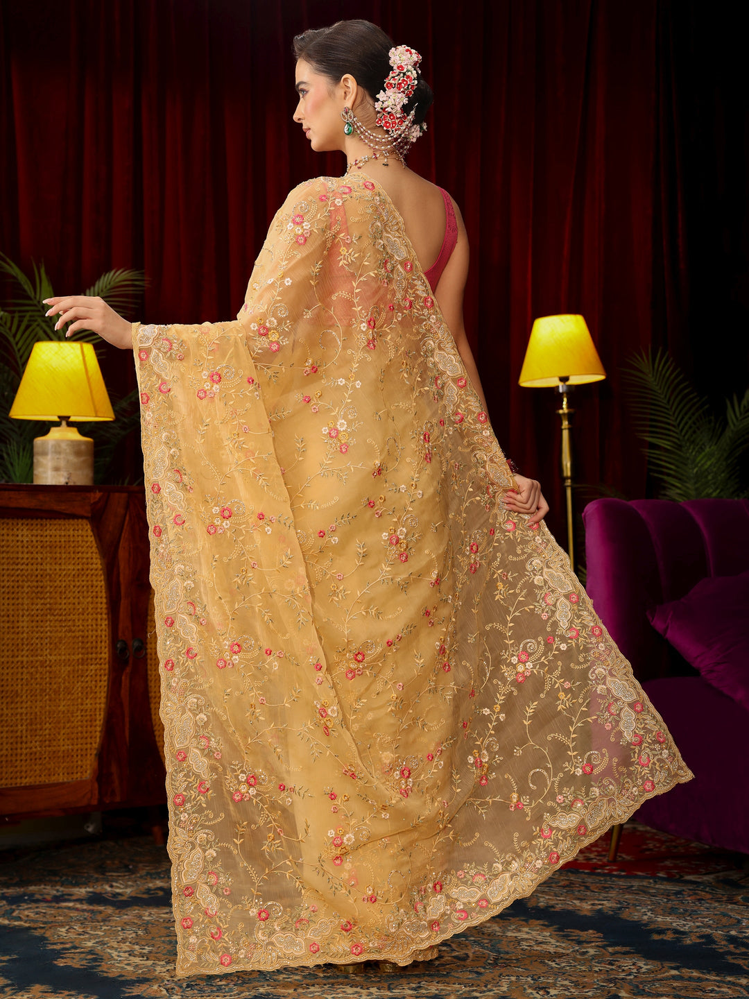 Libas Art Yellow Floral Embroidered Organza Saree