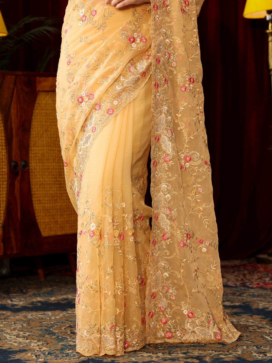 Libas Art Yellow Floral Embroidered Organza Saree