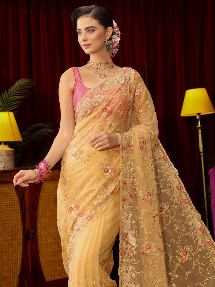Libas Art Yellow Floral Embroidered Organza Saree