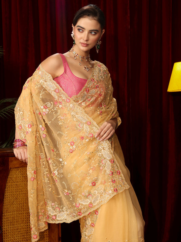 Libas Art Yellow Floral Embroidered Organza Saree