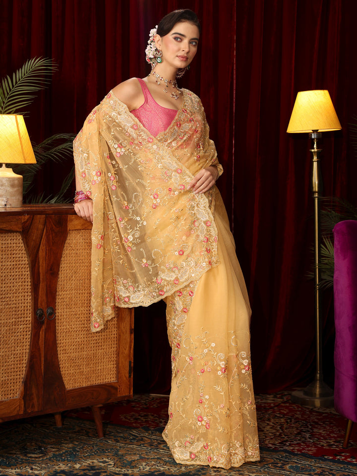 Libas Art Yellow Floral Embroidered Organza Saree