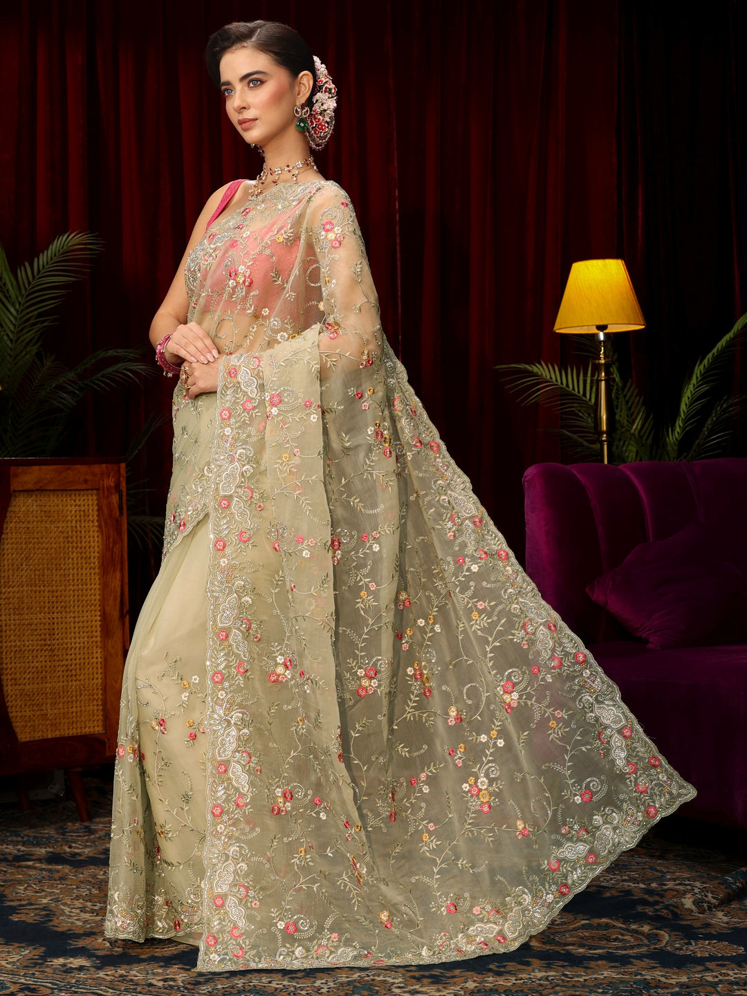 Libas Art Sage Green Floral Embroidered Organza Saree