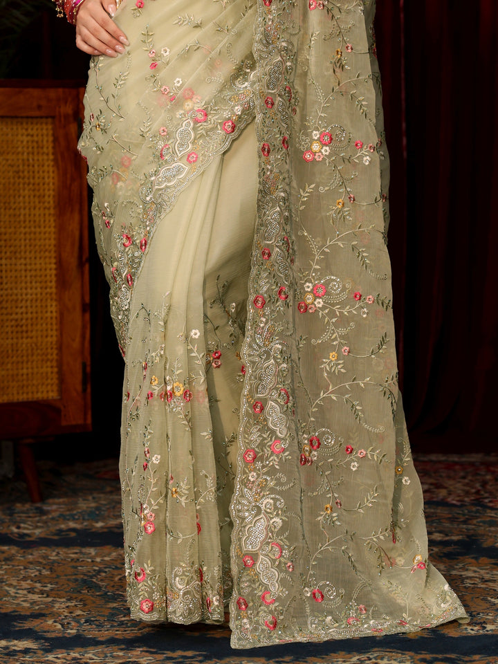 Libas Art Sage Green Floral Embroidered Organza Saree