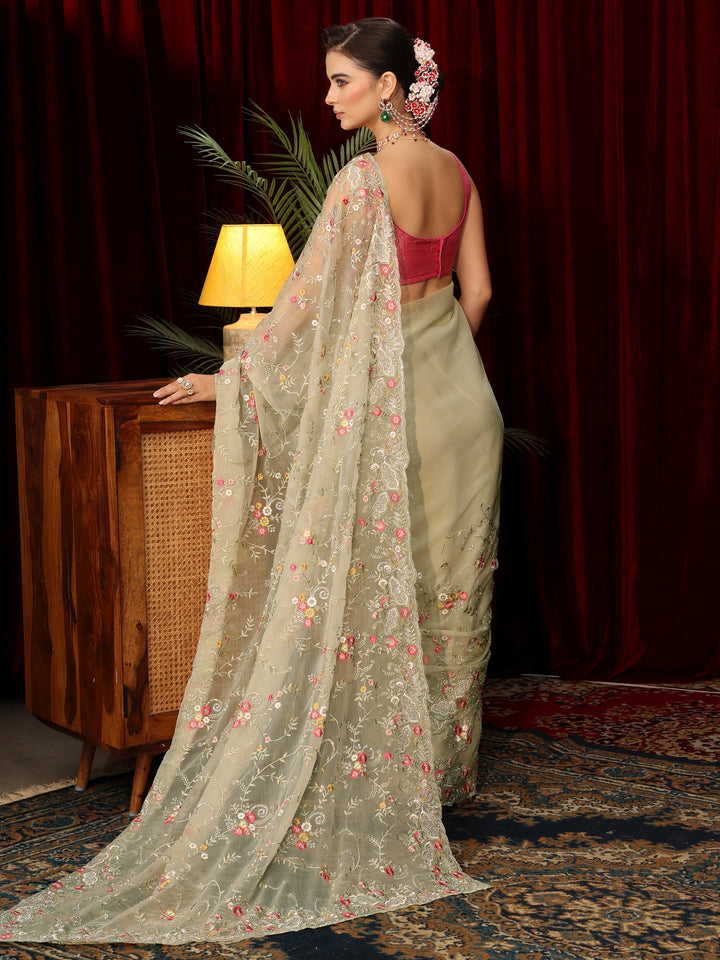 Libas Art Sage Green Floral Embroidered Organza Saree