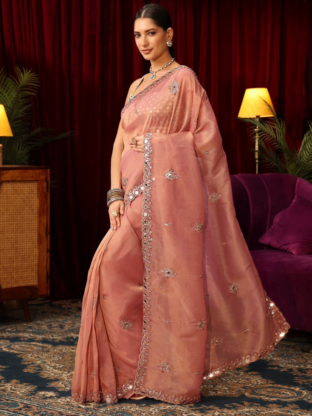 Libas Art Baby Pink Tisssue Saree with Mirror Work Floral Embellishments