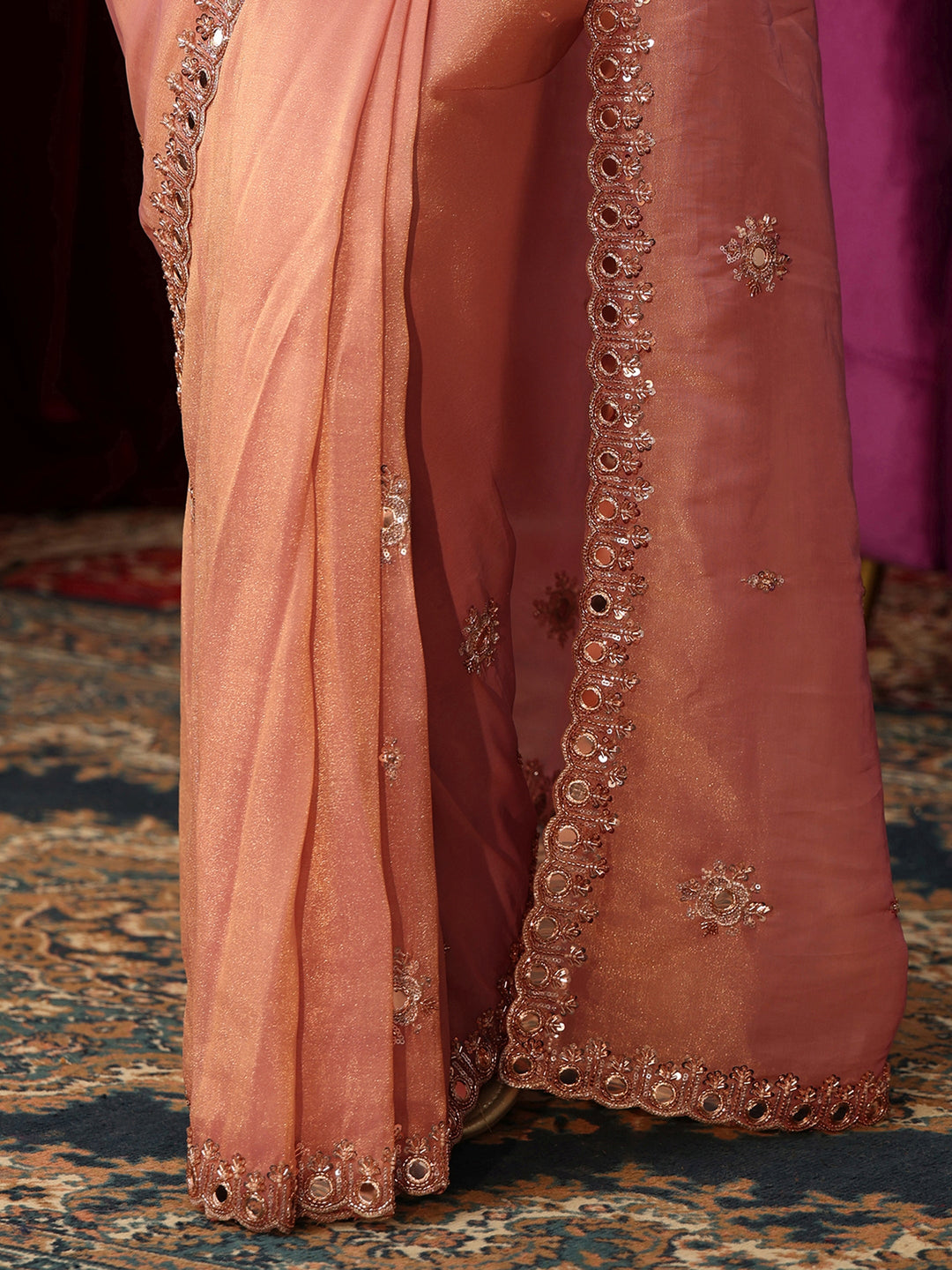 Libas Art Baby Pink Tisssue Saree with Mirror Work Floral Embellishments