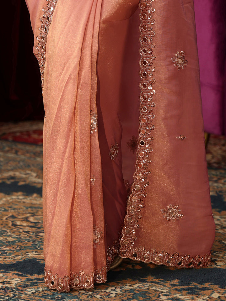 Libas Art Baby Pink Tisssue Saree with Mirror Work Floral Embellishments