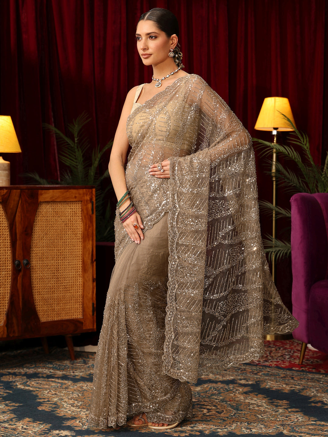 Libas Art Taupe Bead and Sequin Embellished Net Saree