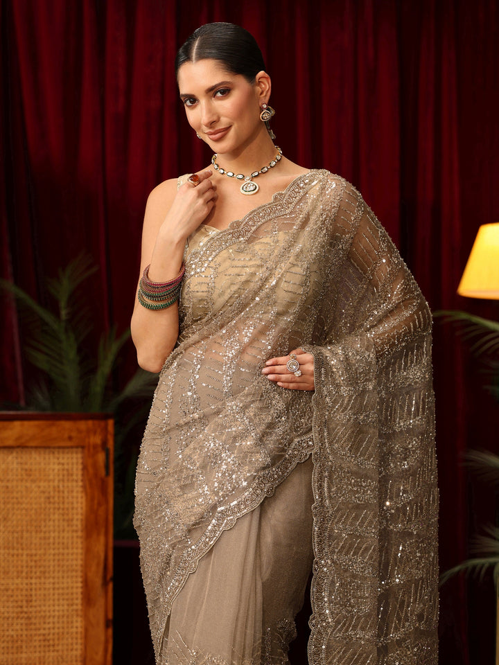 Libas Art Taupe Bead and Sequin Embellished Net Saree