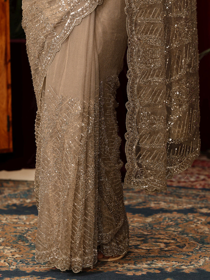 Libas Art Taupe Bead and Sequin Embellished Net Saree