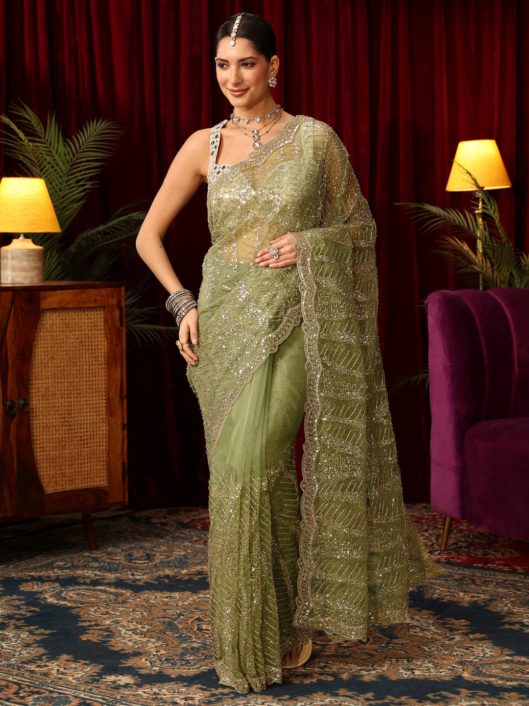 Libas Art Green Bead and Sequin Embellished Net Saree