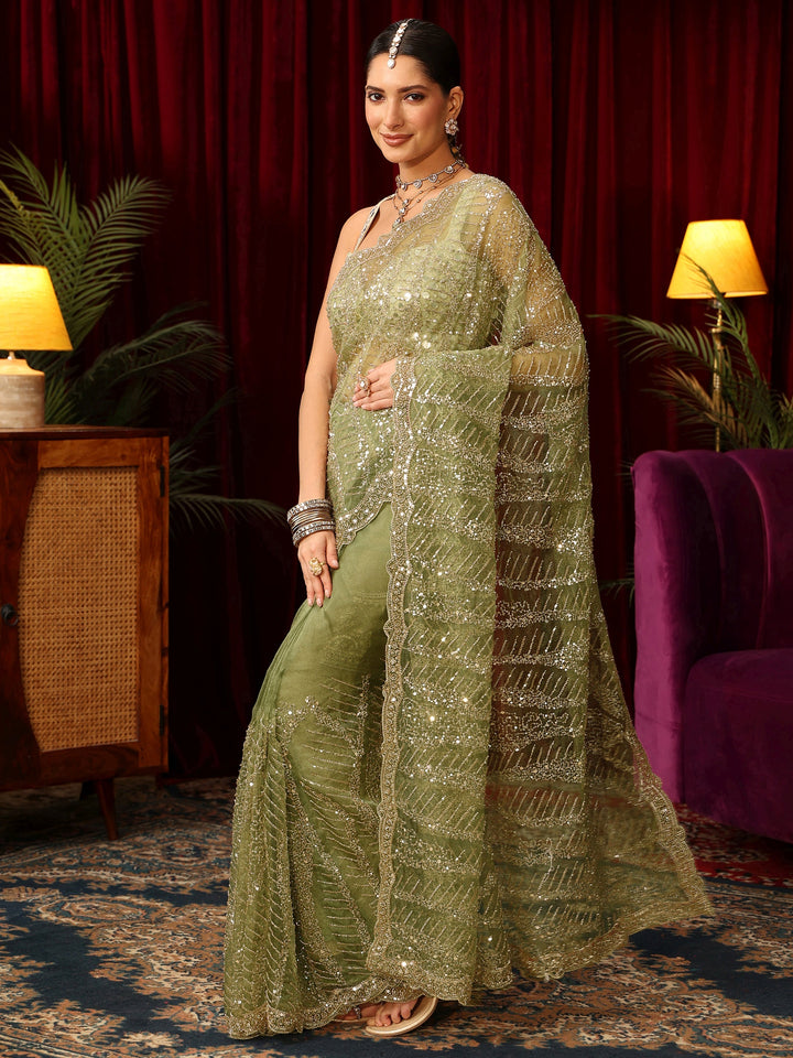 Libas Art Green Bead and Sequin Embellished Net Saree