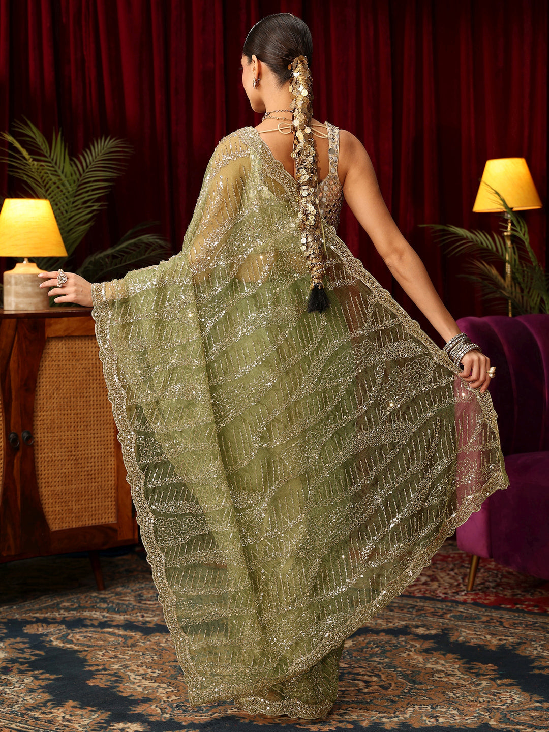 Libas Art Green Bead and Sequin Embellished Net Saree