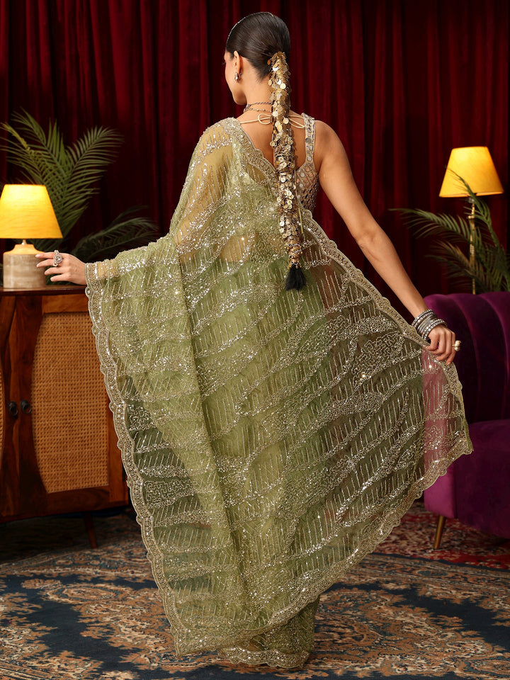 Libas Art Green Bead and Sequin Embellished Net Saree