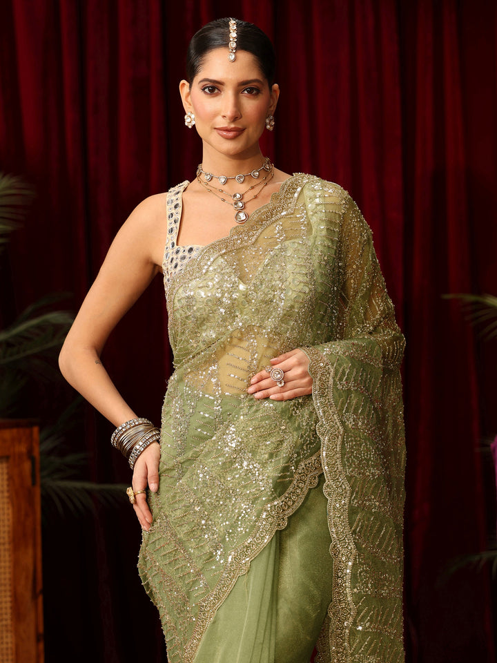 Libas Art Green Bead and Sequin Embellished Net Saree