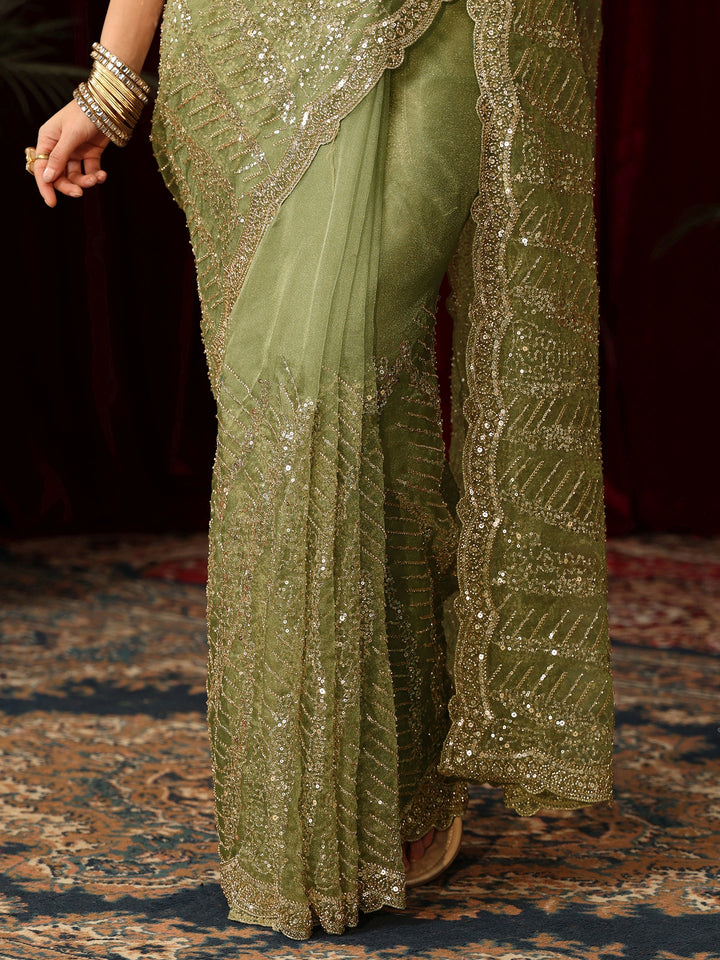 Libas Art Green Bead and Sequin Embellished Net Saree