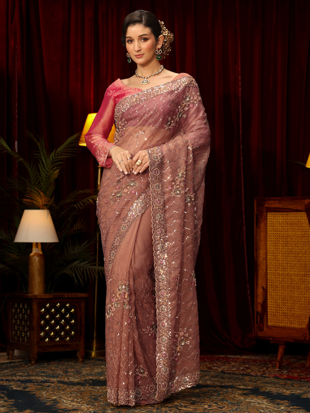 Libas Art Peach Chevron Embellished Tissue Saree