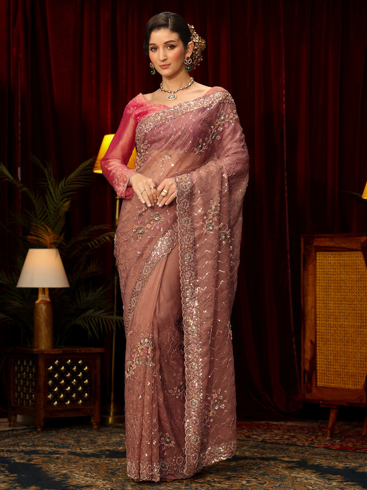 Libas Art Peach Chevron Embellished Tissue Saree