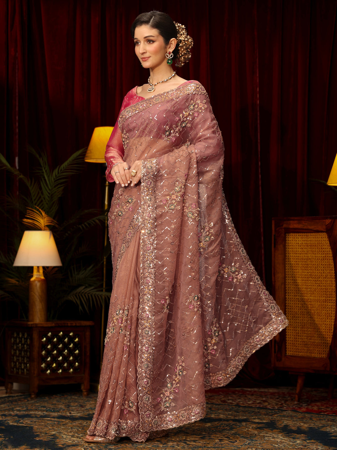 Libas Art Peach Chevron Embellished Tissue Saree