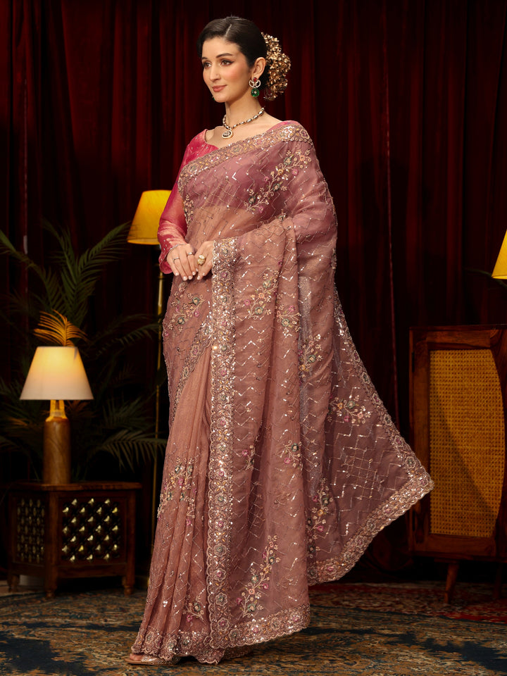 Libas Art Peach Chevron Embellished Tissue Saree