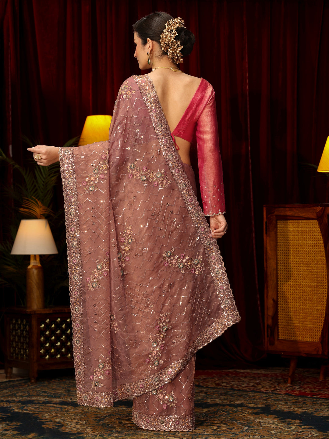 Libas Art Peach Chevron Embellished Tissue Saree