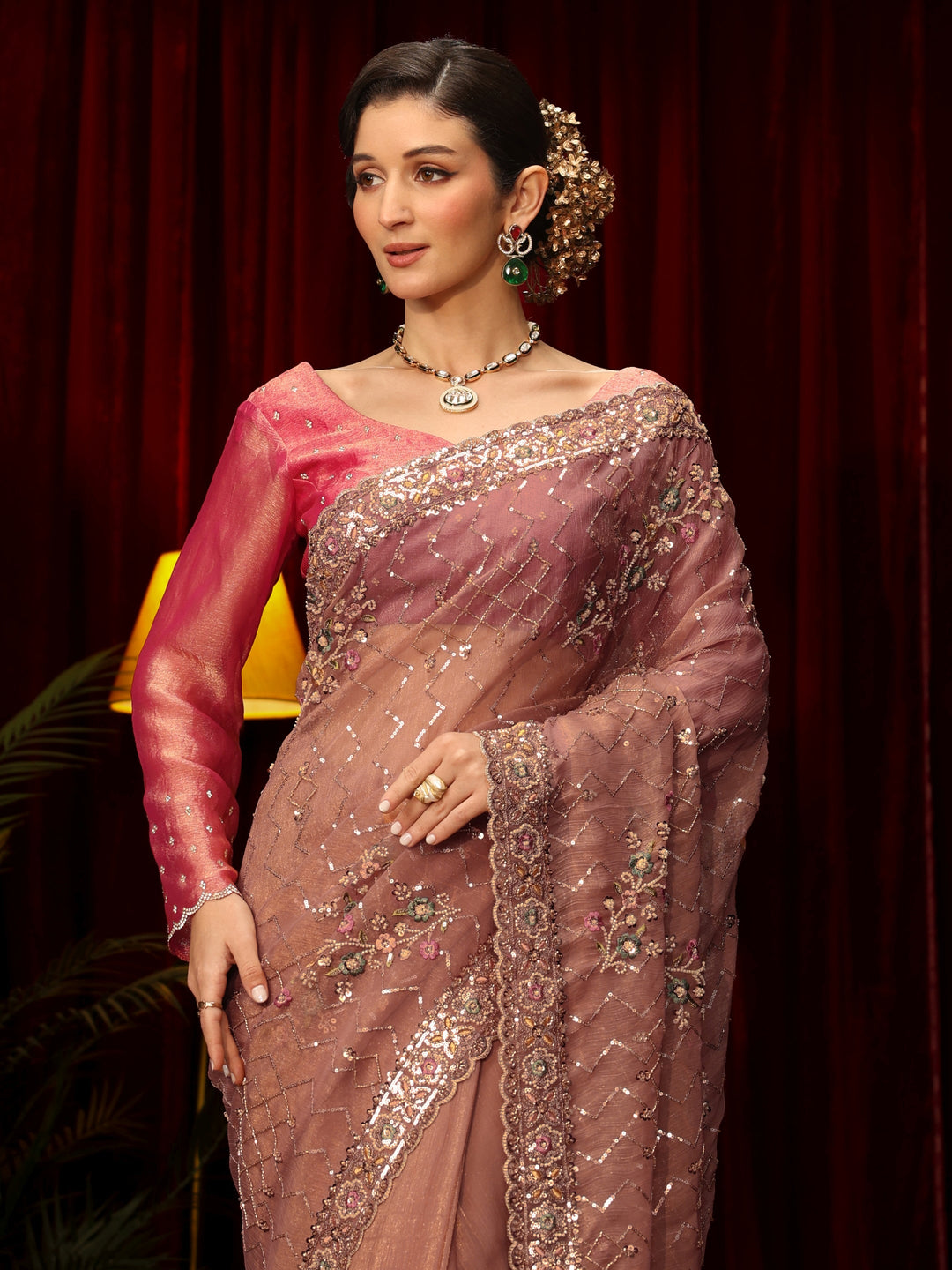 Libas Art Peach Chevron Embellished Tissue Saree