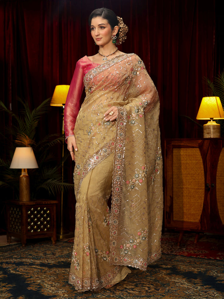 Libas Art Golden Chevron Embellished Tissue Saree