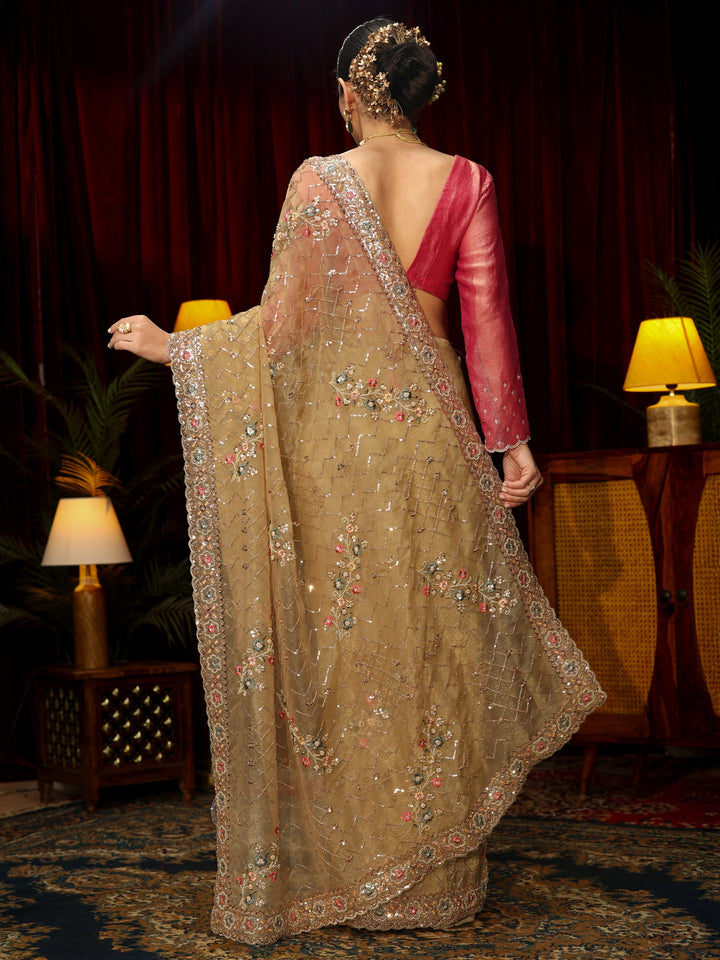 Libas Art Golden Chevron Embellished Tissue Saree