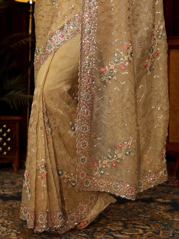 Libas Art Golden Chevron Embellished Tissue Saree
