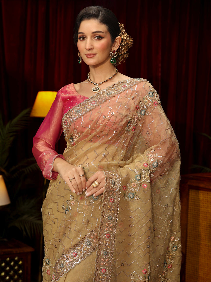 Libas Art Golden Chevron Embellished Tissue Saree