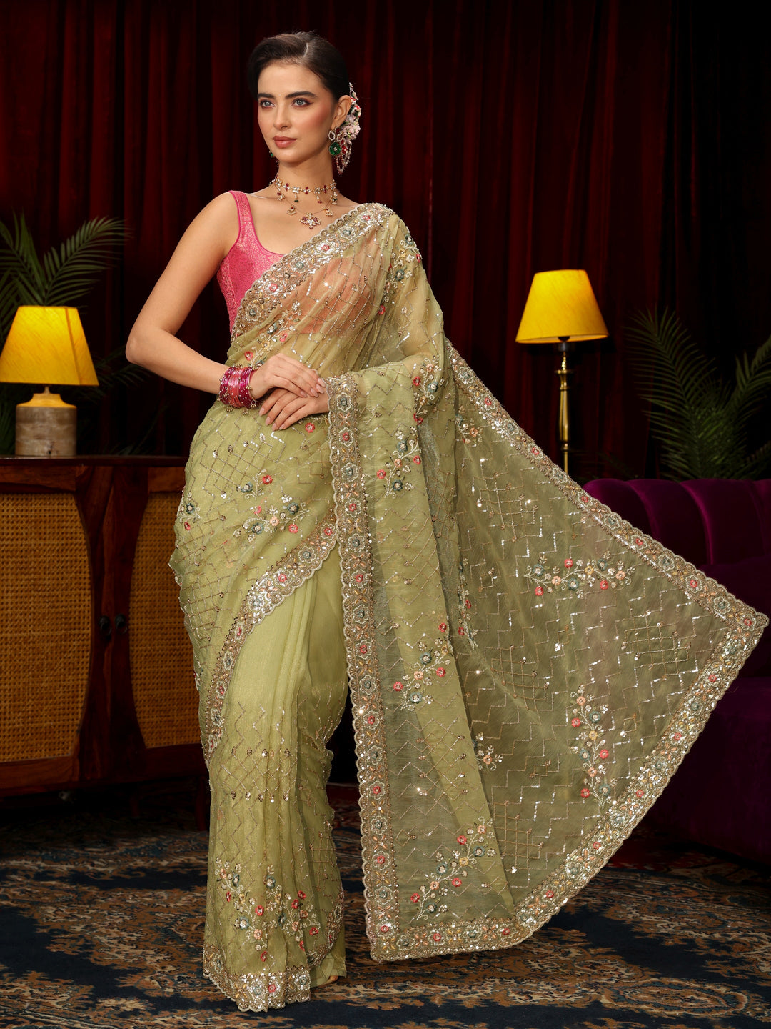 Libas Art Pista Green Chevron Embellished Tissue Saree