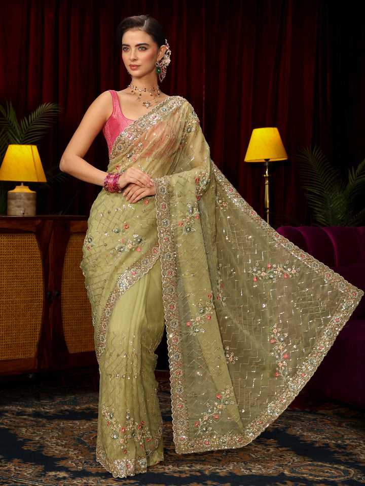 Libas Art Pista Green Chevron Embellished Tissue Saree