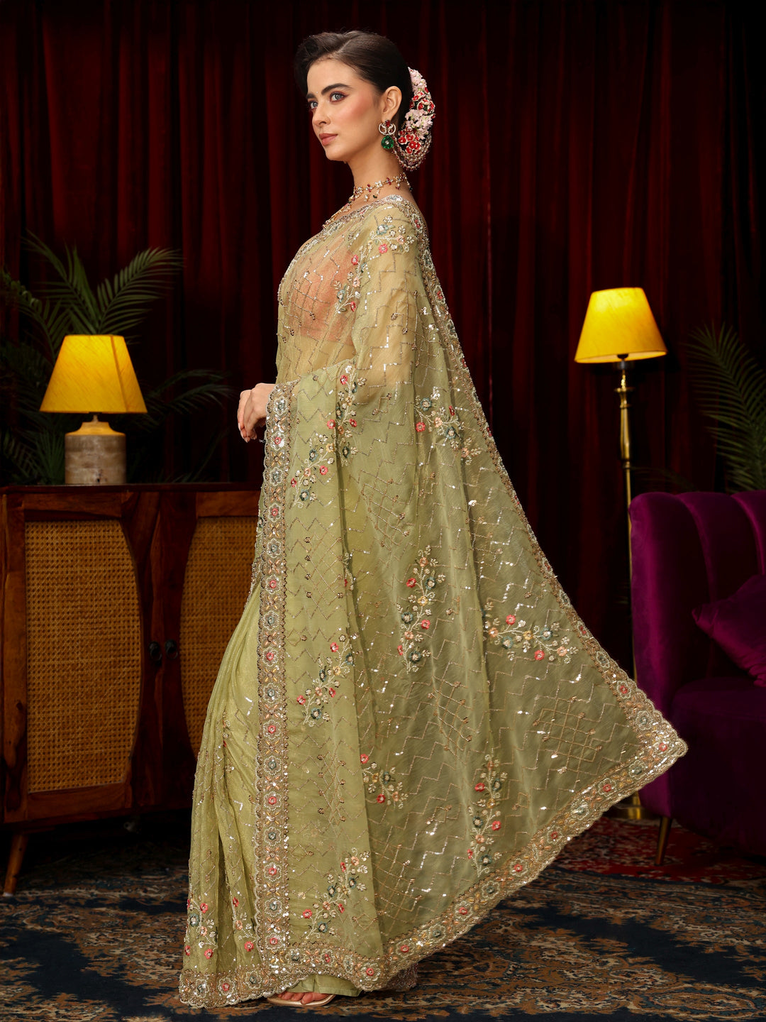 Libas Art Pista Green Chevron Embellished Tissue Saree