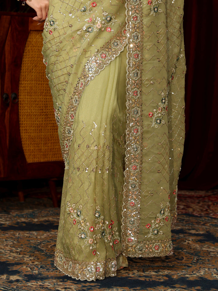 Libas Art Pista Green Chevron Embellished Tissue Saree