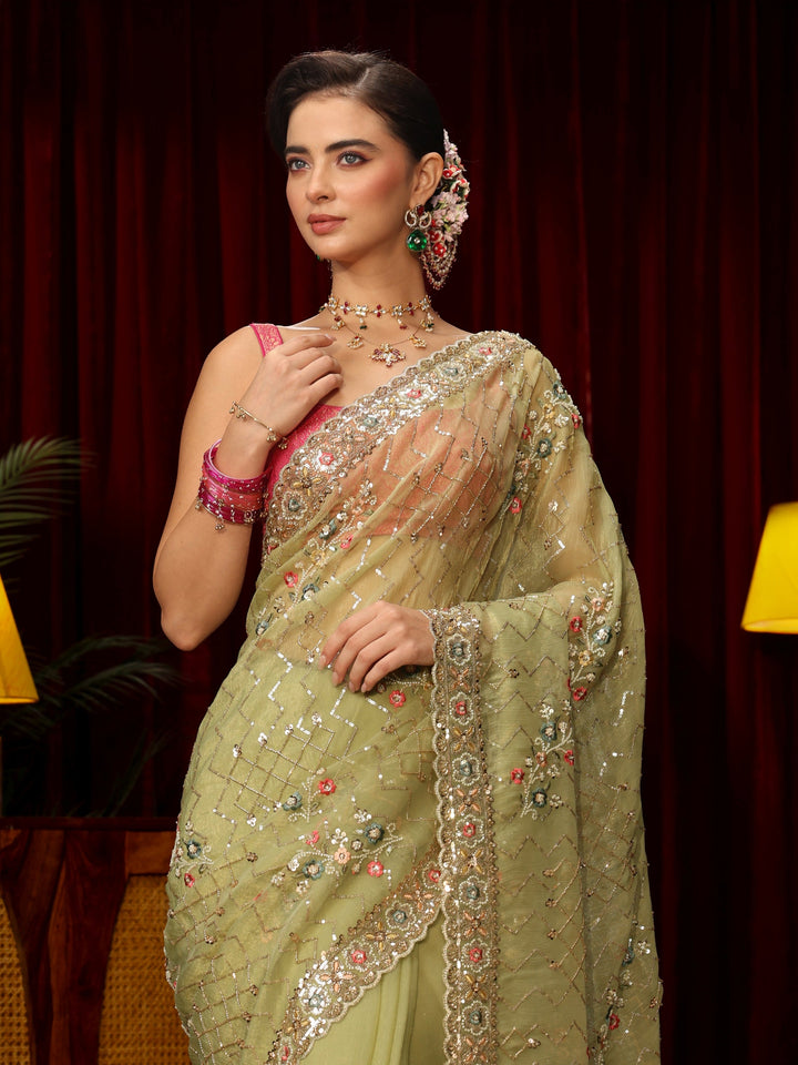 Libas Art Pista Green Chevron Embellished Tissue Saree