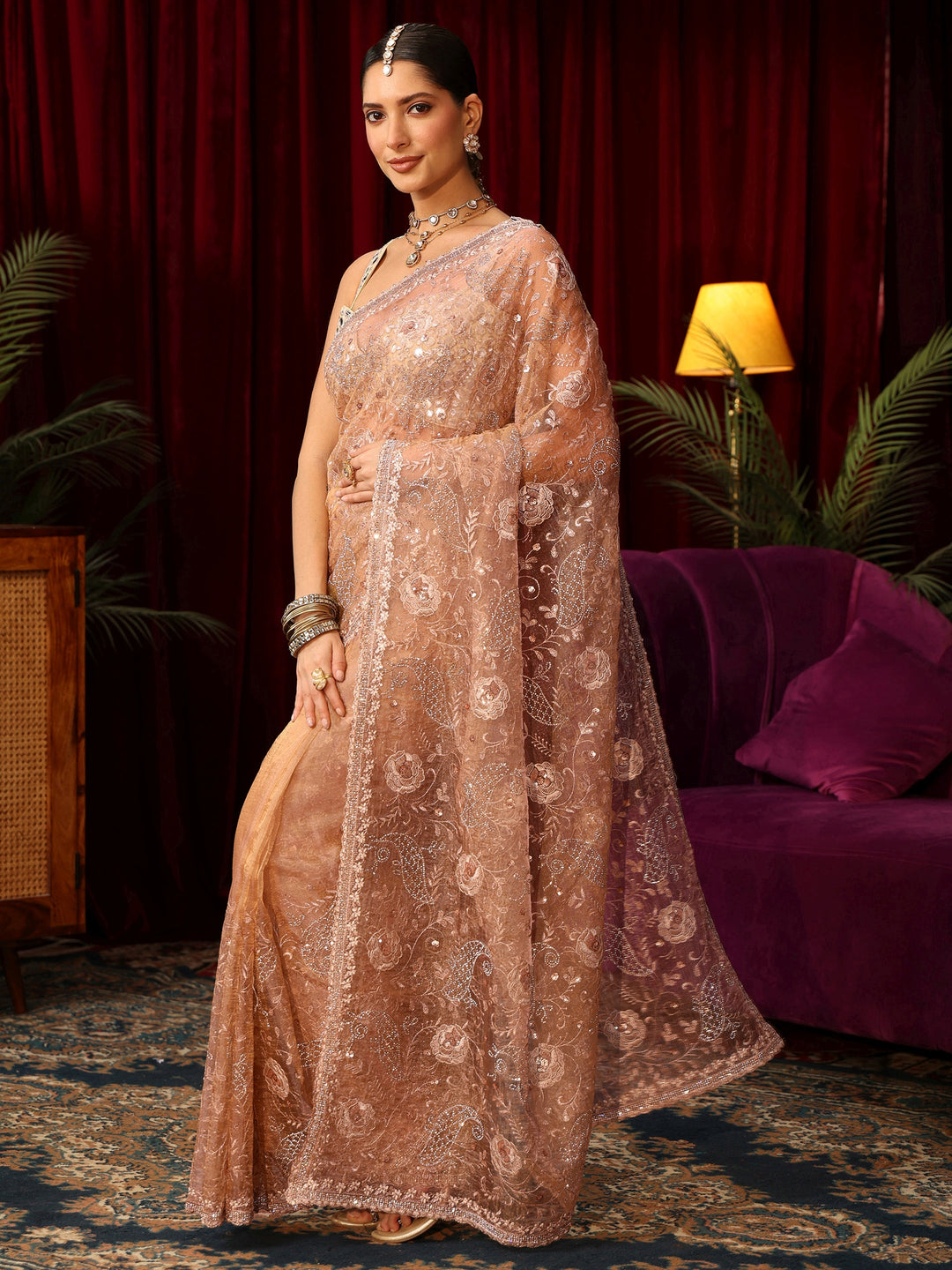 Libas Art Golden Floral Embroidered Tissue Saree with Stone Work