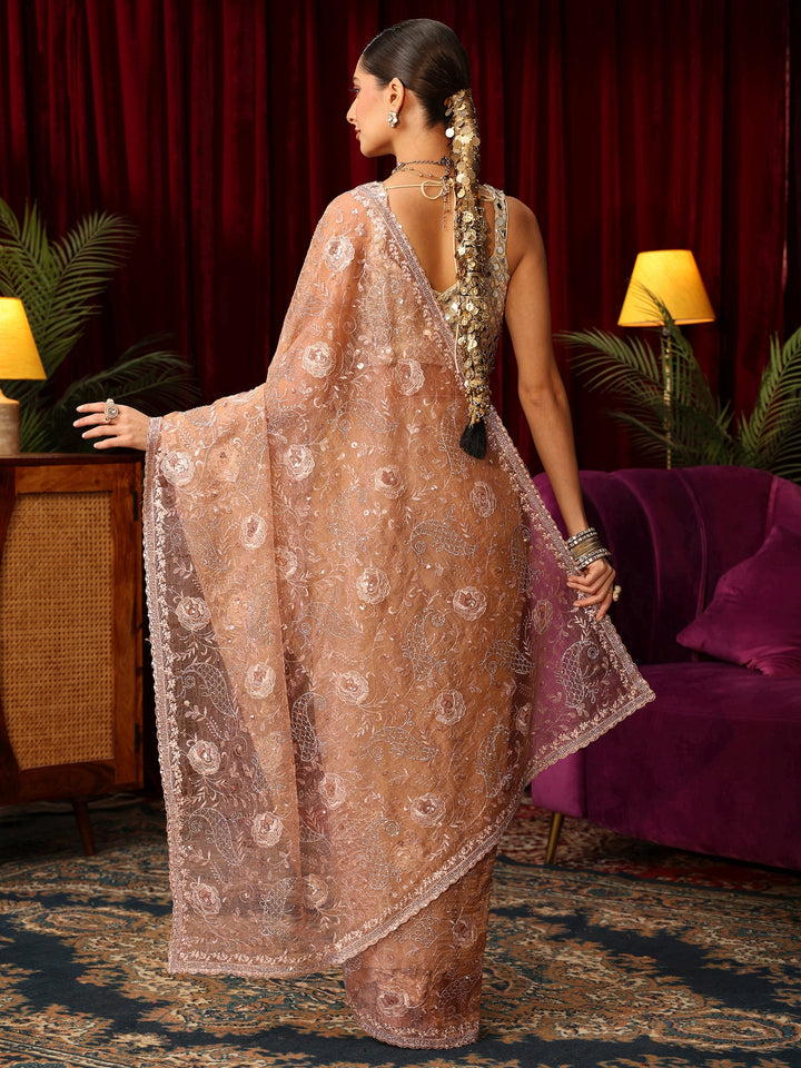 Libas Art Golden Floral Embroidered Tissue Saree with Stone Work