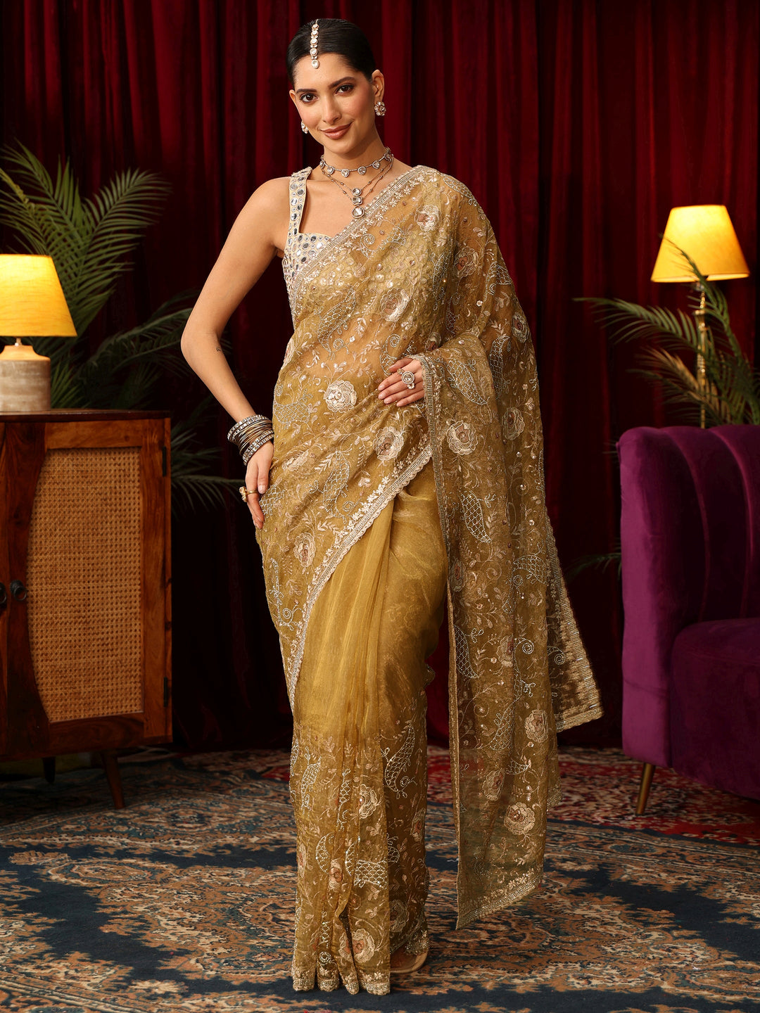 Libas Art Mustard Floral Embroidered Tissue Saree with Stone Work
