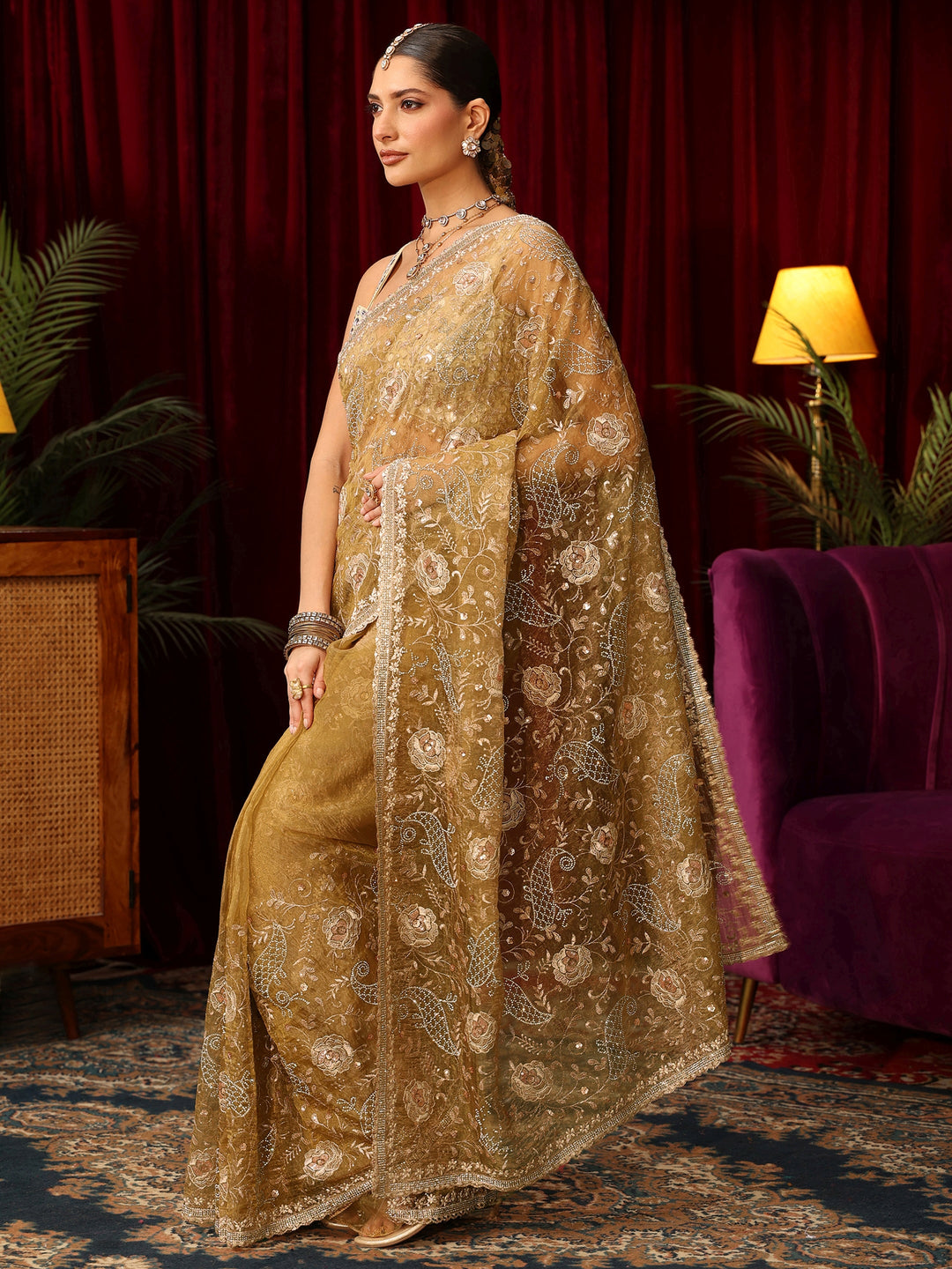 Libas Art Mustard Floral Embroidered Tissue Saree with Stone Work