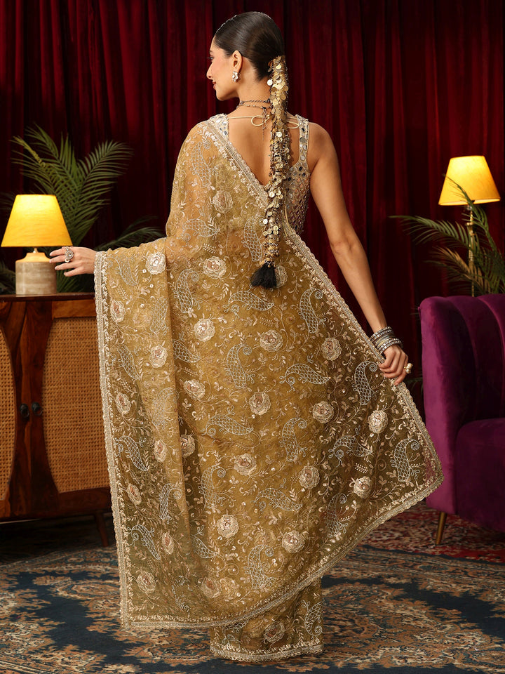 Libas Art Mustard Floral Embroidered Tissue Saree with Stone Work