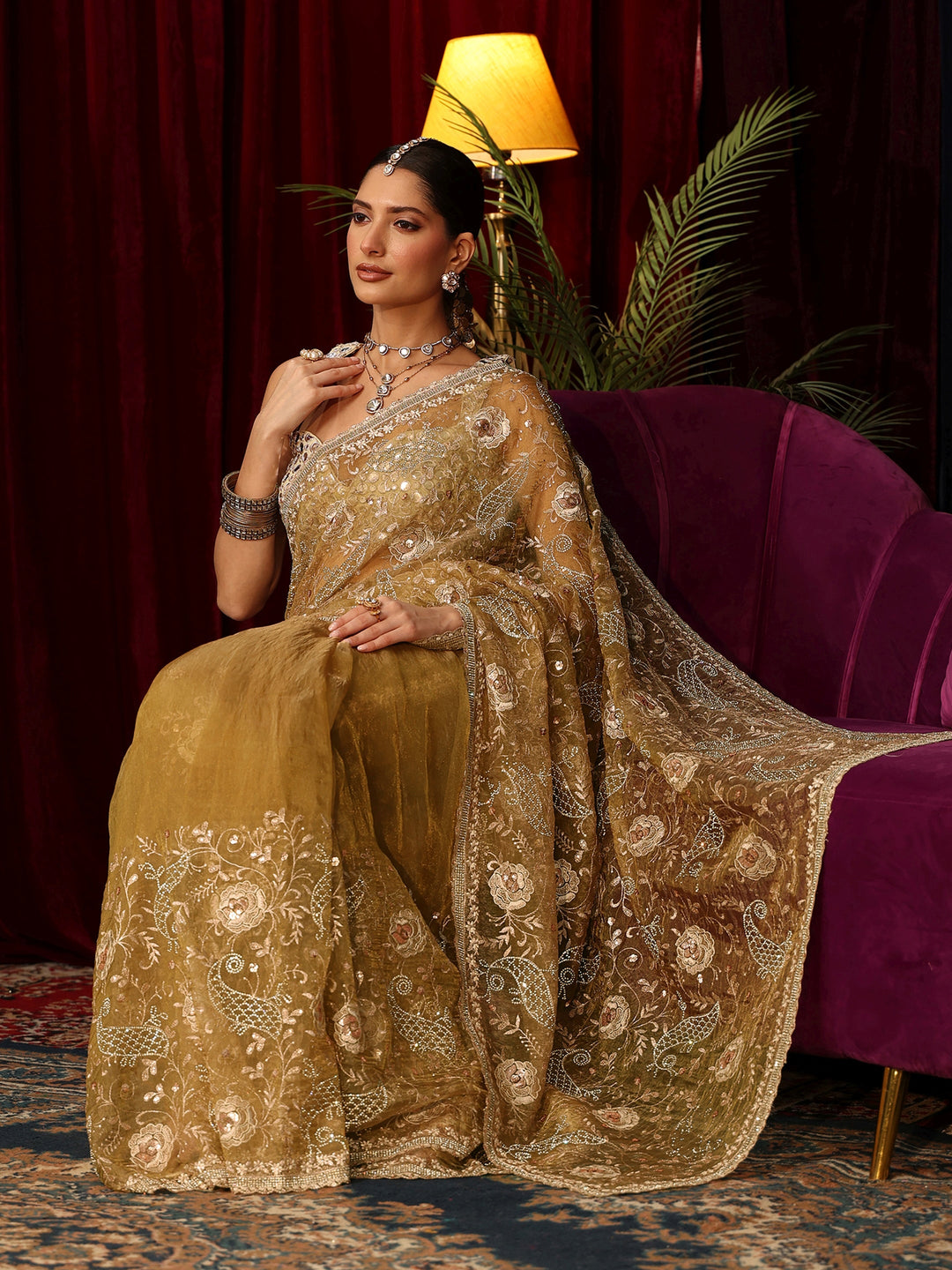 Libas Art Mustard Floral Embroidered Tissue Saree with Stone Work