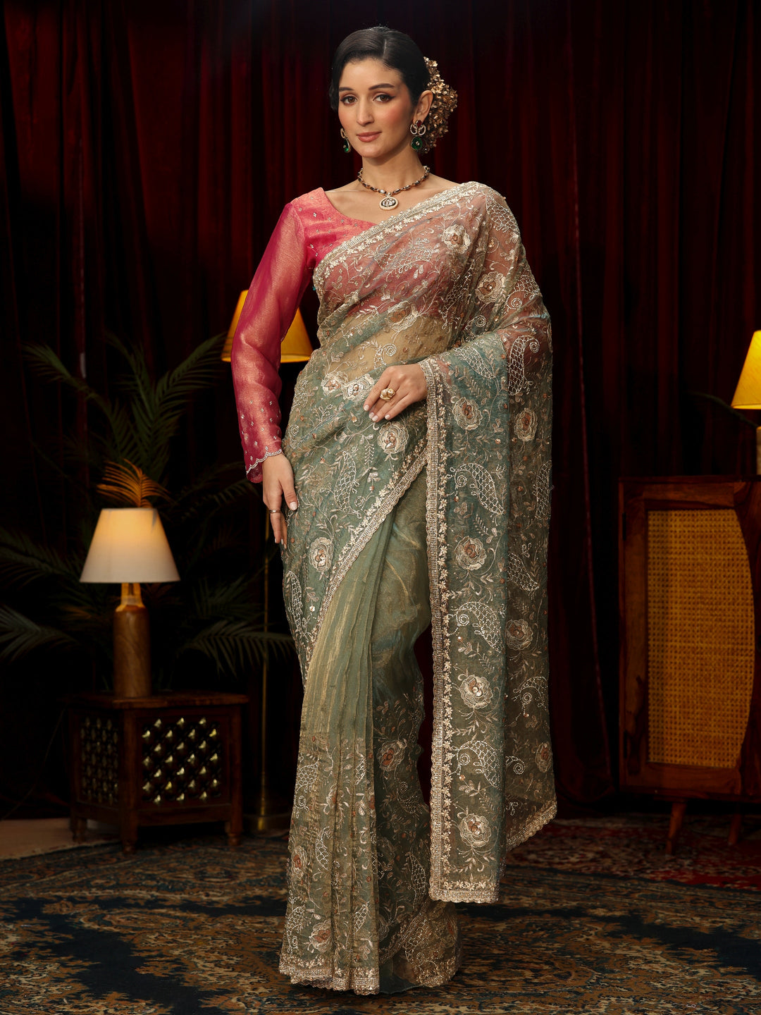 Libas Art Ice Blue Stone Work Embellished Tissue Saree