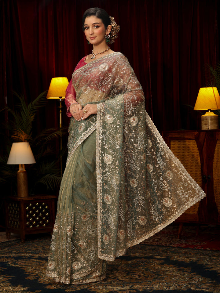 Libas Art Ice Blue Stone Work Embellished Tissue Saree